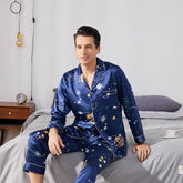 Long Galaxy Print Men Silk Pajama Set Luxury Silk Nightwear